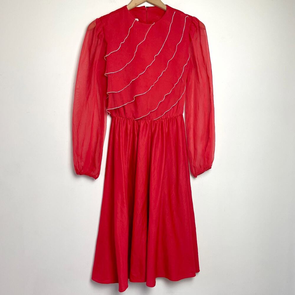 Vintage 80s Midi Dress Small Red‎ Ruffle Front Retro Romantic Elastic Waist`